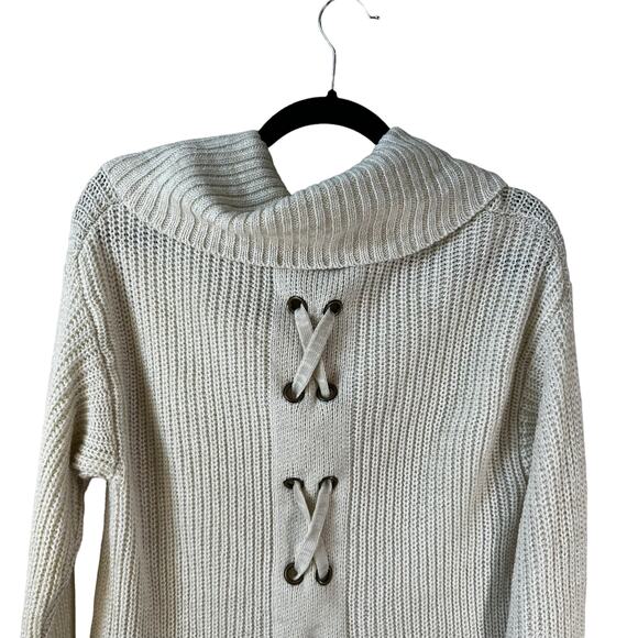 American Rag Cie Women's Lace Up Back Chunky Knit Sweater Cream Small Fisherman - Picture 6 of 9
